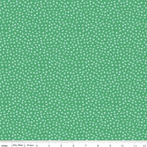 Image of the Playtime 30s Ditsy Kelly quilting cotton fabric by Lindsay Wilkes for Riley Blake Designs. Features small scattered flowers and small dots on a dark green background. 
Cute Little Fabric Shop