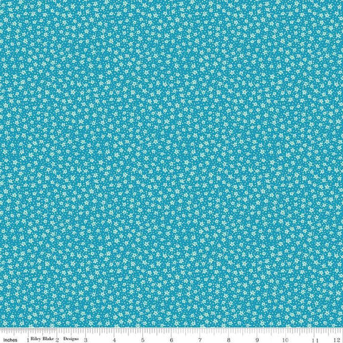 Image of the Playtime 30s Ditsy Blue quilting cotton fabric by Lindsay Wilkes for Riley Blake Designs. Features small scattered flowers and small dots on a dark blue background. 
Cute Little Fabric Shop