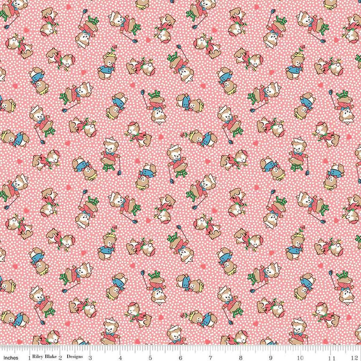 Image of the Playtime 30s Main Pink quilting cotton fabric by Lindsay Wilkes for Riley Blake Designs. Features small teddy bears on a light pink background. 
Cute Little Fabric Shop