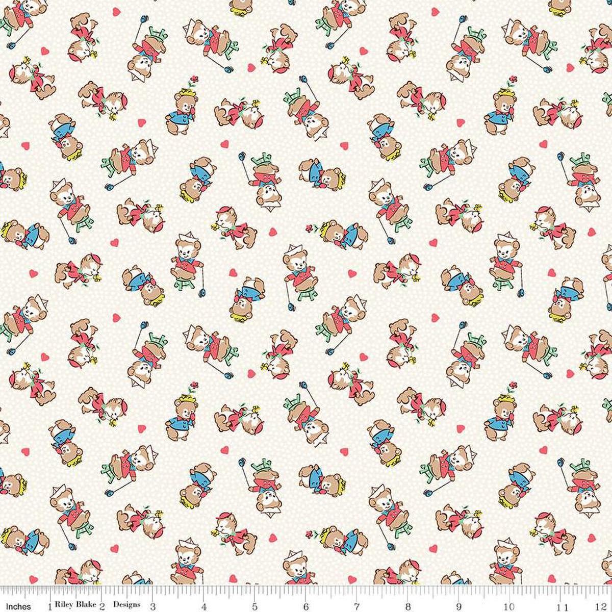 Image of the Playtime 30s Bears Main Cloud quilting cotton fabric by Lindsay Wilkes for Riley Blake Designs. Features small teddy bears on a white cream background. 
Cute Little Fabric Shop