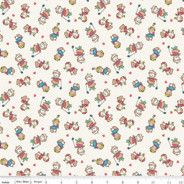 Image of the Playtime 30s Bears Main Cloud quilting cotton fabric by Lindsay Wilkes for Riley Blake Designs. Features small teddy bears on a white cream background. 
Cute Little Fabric Shop