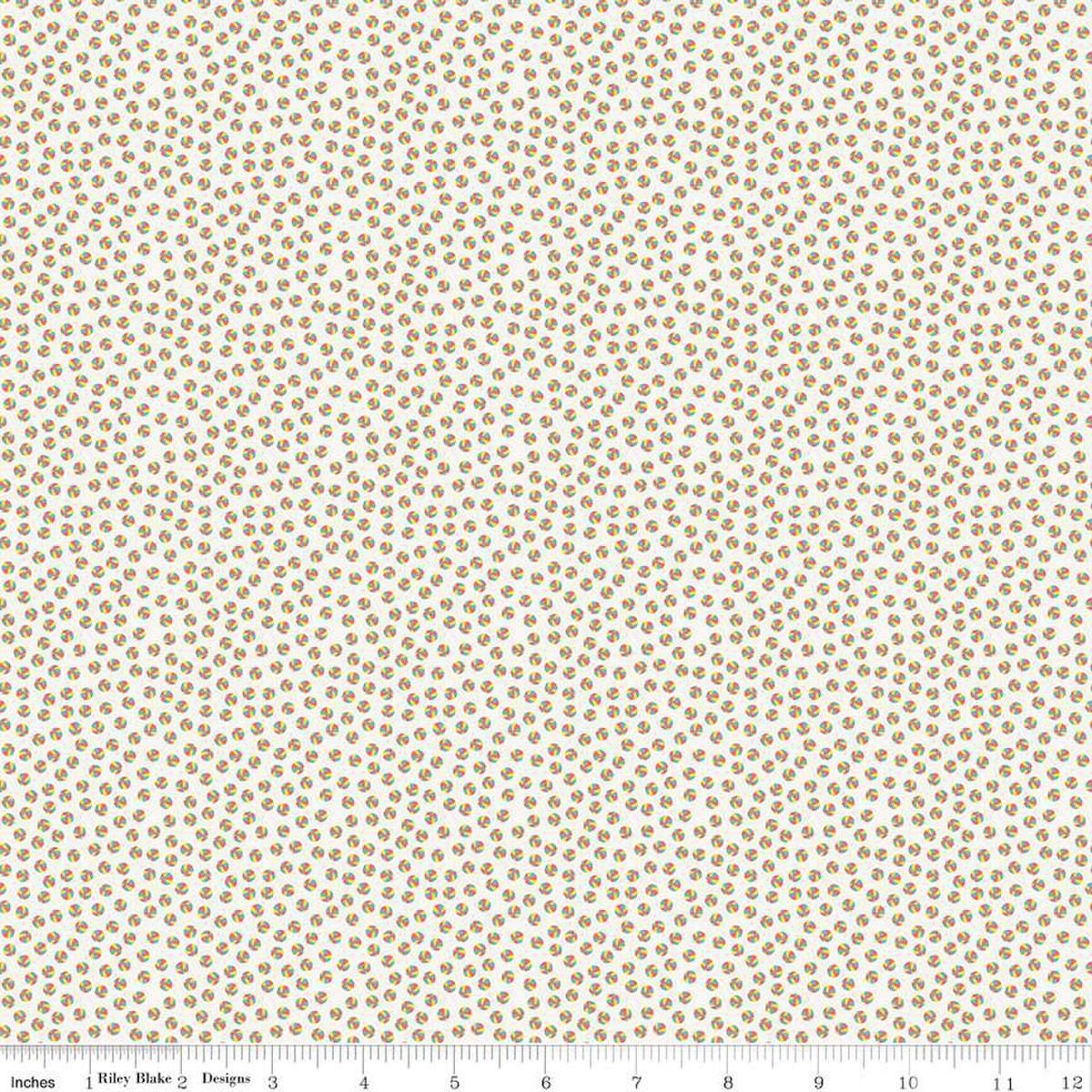 Image of the Playtime 30s Bouncy Balls Cloud quilting cotton fabric by Lindsay Wilkes for Riley Blake Designs. Features small balls on a light cream background. 
Cute Little Fabric Shop