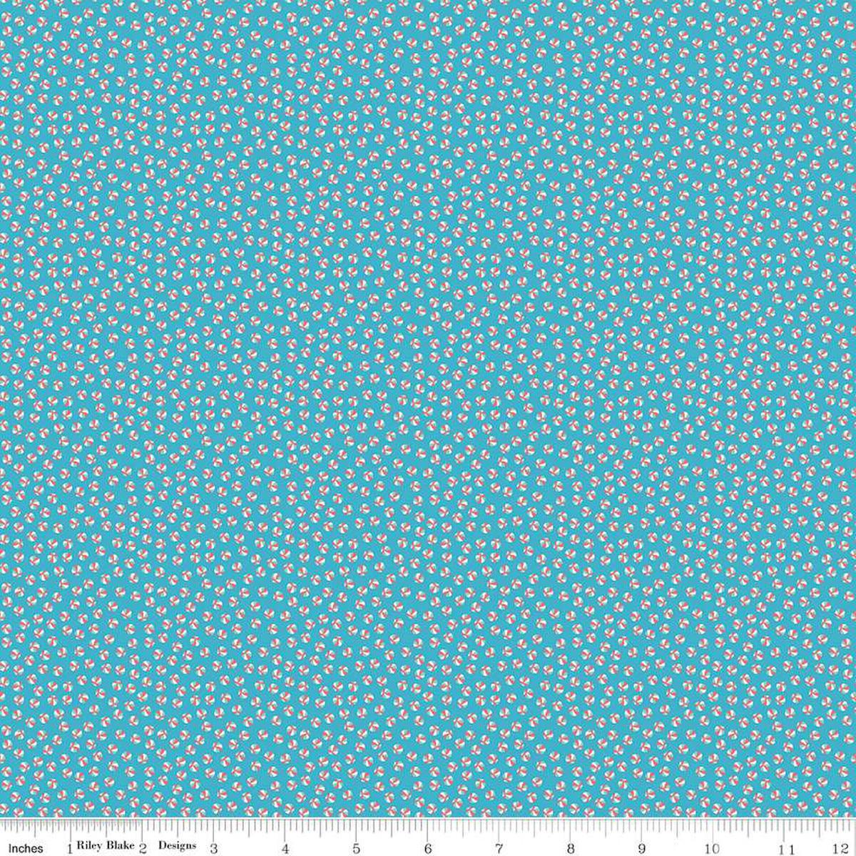 Image of the Playtime 30s Bouncy Balls Blue quilting cotton fabric by Lindsay Wilkes for Riley Blake Designs. Features small balls on a medium blue background. 
Cute Little Fabric Shop