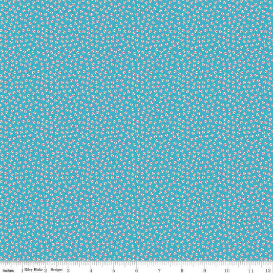 Image of the Playtime 30s Bouncy Balls Blue quilting cotton fabric by Lindsay Wilkes for Riley Blake Designs. Features small balls on a medium blue background. 
Cute Little Fabric Shop