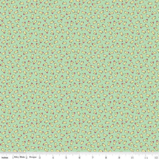 Image of the Playtime 30s Toy Ducks Mint quilting cotton fabric by Lindsay Wilkes for Riley Blake Designs. Features small ducks on a light green background. 
Cute Little Fabric Shop