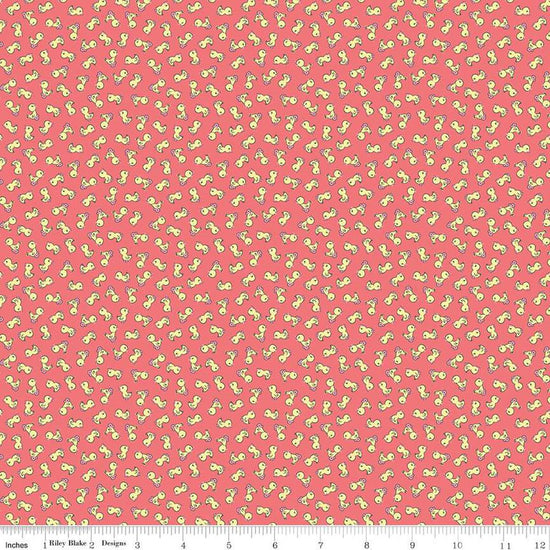Image of the Playtime 30s Toy Ducks Lipstick quilting cotton fabric by Lindsay Wilkes for Riley Blake Designs. Features small ducks on a dark coral pink background. 
Cute Little Fabric Shop