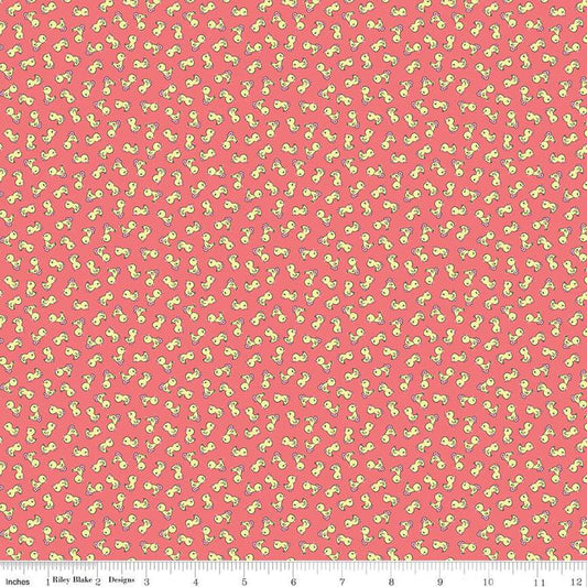 Image of the Playtime 30s Toy Ducks Lipstick quilting cotton fabric by Lindsay Wilkes for Riley Blake Designs. Features small ducks on a dark coral pink background. 
Cute Little Fabric Shop