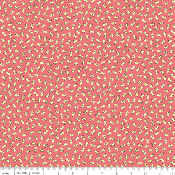 Image of the Playtime 30s Toy Ducks Lipstick quilting cotton fabric by Lindsay Wilkes for Riley Blake Designs. Features small ducks on a dark coral pink background. 
Cute Little Fabric Shop