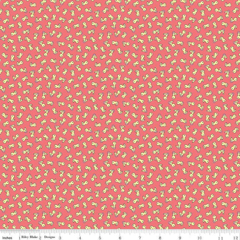 Image of the Playtime 30s Toy Ducks Lipstick quilting cotton fabric by Lindsay Wilkes for Riley Blake Designs. Features small ducks on a dark coral pink background. 
Cute Little Fabric Shop