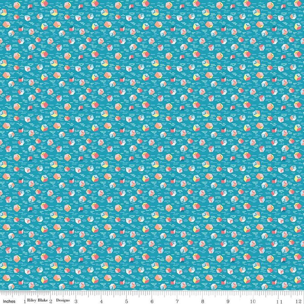 Image of the Playtime 30s Building Blocks Blue quilting cotton fabric by Lindsay Wilkes for Riley Blake Designs. Features small building blocks on a blue background. 
Cute Little Fabric Shop