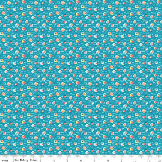 Image of the Playtime 30s Building Blocks Blue quilting cotton fabric by Lindsay Wilkes for Riley Blake Designs. Features small building blocks on a blue background. 
Cute Little Fabric Shop
