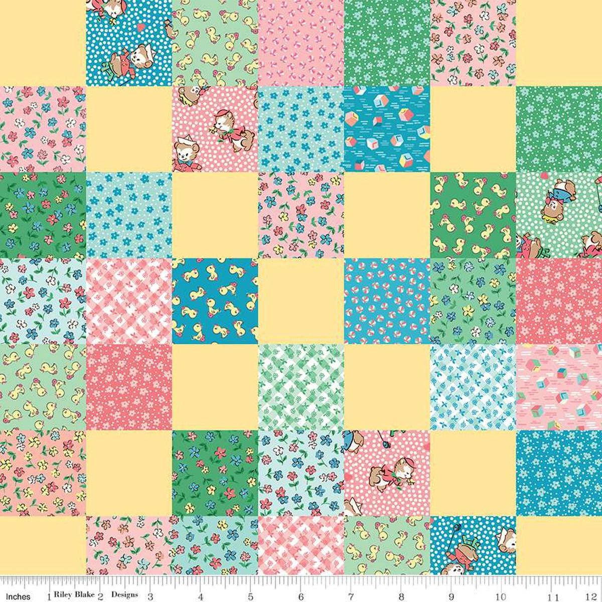 Image of the Playtime 30s Cheater Print Multi quilting cotton fabric by Lindsay Wilkes for Riley Blake Designs. Features squares of patterns from this collection. 
Cute Little Fabric Shop