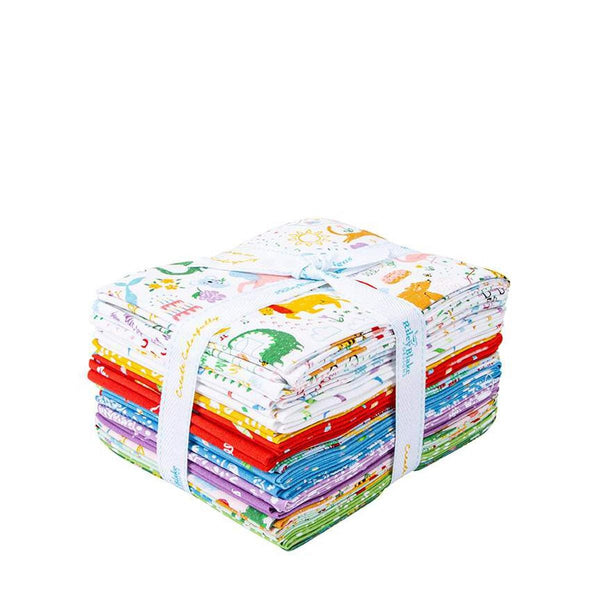 Image of the Get Your Cray-on with Crayola Fat Quarter Bundle by Riley Blake Designs. Official licensed product. Features doodles. animals, and crayons in bright colors. 
Cute Little Fabric Shop