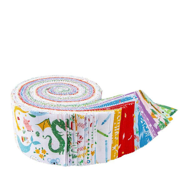 Image of the Get Your Cray-on with Crayola Rolie Polie by Riley Blake Designs. Official licensed product. Features doodles. animals, and crayons in bright colors. 
Cute Little Fabric Shop