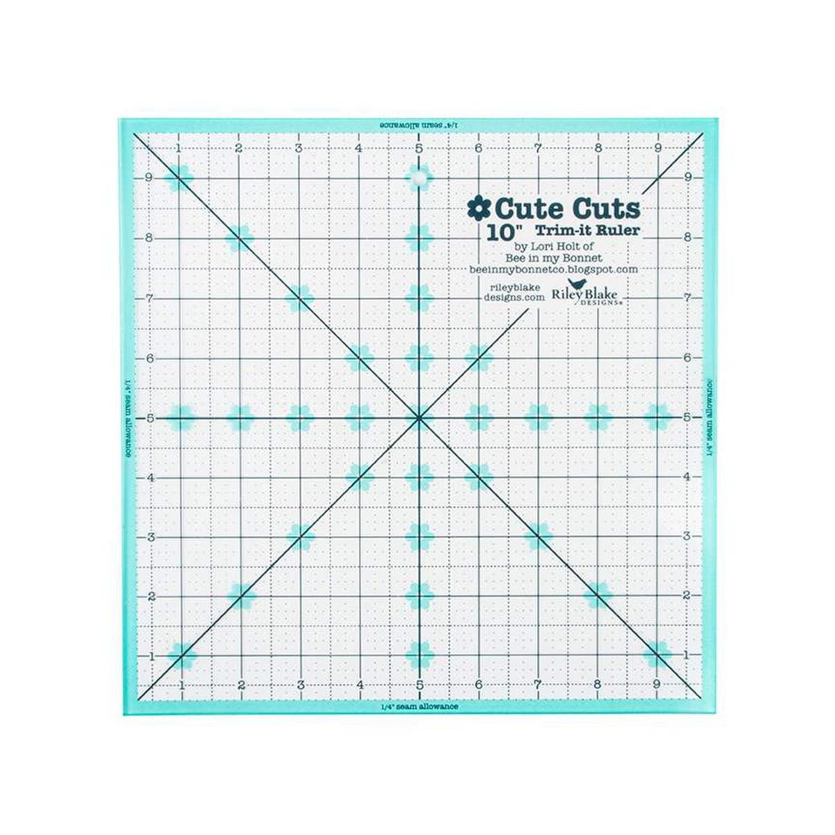 Image of the Cute Cuts™ Trim-it™ Ruler 10" x 10" by Lori Holt for Riley Blake Designs. Features a 10 inch square ruler with aqua borders. 
Cute Little Fabric Shop