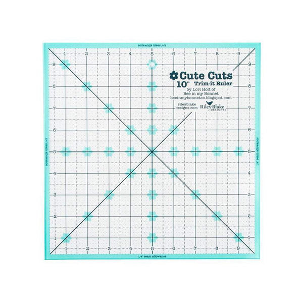 Image of the Cute Cuts™ Trim-it™ Ruler 10&quot; x 10&quot; by Lori Holt for Riley Blake Designs. Features a 10 inch square ruler with aqua borders. 
Cute Little Fabric Shop