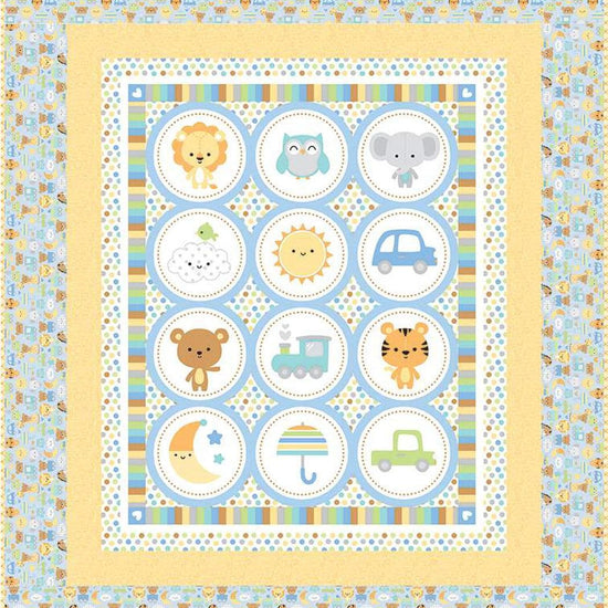 Image of the Special Delivery Panel Quilt Boxed Kit by Doodlebug Design Inc for Riley Blake Designs. Features baby animals on a quilt with many colored borders. 
Cute Little Fabric Shop