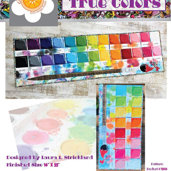 Image of the True Colors quilting cotton fabric by Laura Strickland of Orange Blossom Quilt Design Studio for Riley Blake Designs. Features a watercolor palette and paint brush quilt. 
Cute Little Fabric Shop