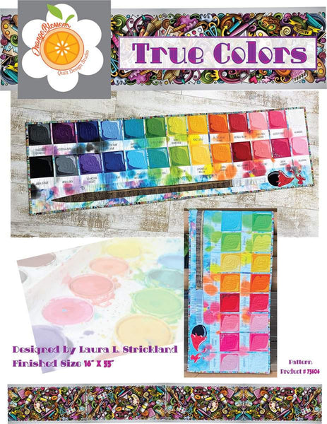 Image of the True Colors quilting cotton fabric by Laura Strickland of Orange Blossom Quilt Design Studio for Riley Blake Designs. Features a watercolor palette and paint brush quilt. 
Cute Little Fabric Shop