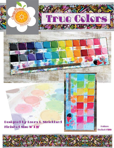 Image of the True Colors quilting cotton fabric by Laura Strickland of Orange Blossom Quilt Design Studio for Riley Blake Designs. Features a watercolor palette and paint brush quilt. 
Cute Little Fabric Shop