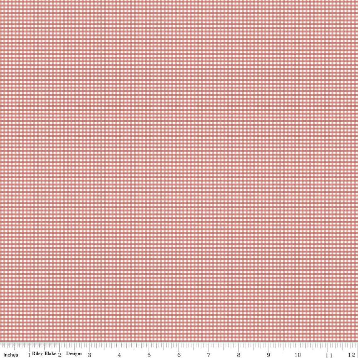 Image of the Micro Gingham Canyon Rose quilting cotton fabric by Riley Blake Designs. Features a micro one sixteenth of an inch gingham with dusty pink on white. 
Cute Little Fabric Shop