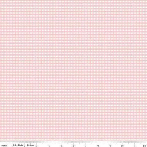 Image of the Micro Gingham Frosting quilting cotton fabric by Riley Blake Designs. Features a micro one sixteenth of an inch gingham with light pink on white. 
Cute Little Fabric Shop