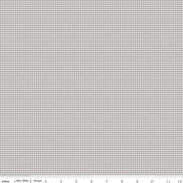 Image of the Micro Gingham Gray quilting cotton fabric by Riley Blake Designs. Features a micro one sixteenth of an inch gingham with gray on white. 
Cute Little Fabric Shop