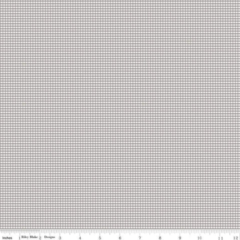 Image of the Micro Gingham Gray quilting cotton fabric by Riley Blake Designs. Features a micro one sixteenth of an inch gingham with gray on white. 
Cute Little Fabric Shop