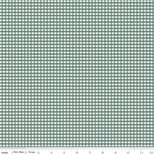 Image of the 1/8 inch PRINTED Gingham Lodge Pole quilting cotton fabric by Riley Blake Designs. Features an 1/8 inch muted green gingham pattern on white. 
Cute Little Fabric Shop