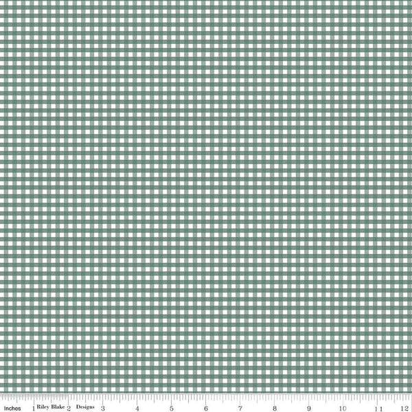 Image of the 1/8 inch PRINTED Gingham Lodge Pole quilting cotton fabric by Riley Blake Designs. Features an 1/8 inch muted green gingham pattern on white. 
Cute Little Fabric Shop