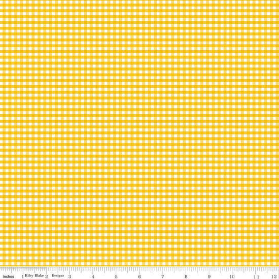 Image of the 1/8 inch PRINTED Gingham Mustard quilting cotton fabric by Riley Blake Designs. Features an 1/8 inch yellow gingham pattern on white. 
Cute Little Fabric Shop