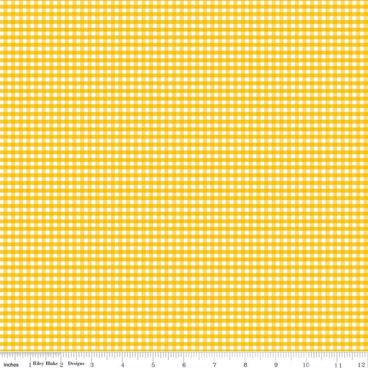 Image of the 1/8 inch PRINTED Gingham Mustard quilting cotton fabric by Riley Blake Designs. Features an 1/8 inch yellow gingham pattern on white. 
Cute Little Fabric Shop