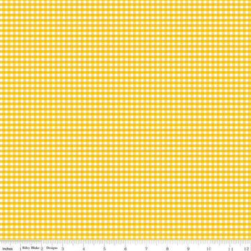 Image of the 1/8 inch PRINTED Gingham Mustard quilting cotton fabric by Riley Blake Designs. Features an 1/8 inch yellow gingham pattern on white. 
Cute Little Fabric Shop