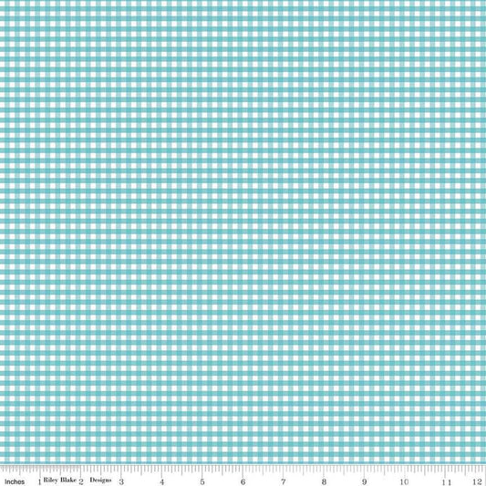 Image of the 1/8 inch PRINTED Gingham Peacock quilting cotton fabric by Riley Blake Designs. Features an 1/8 inch light aqua gingham pattern on white. 
Cute Little Fabric Shop