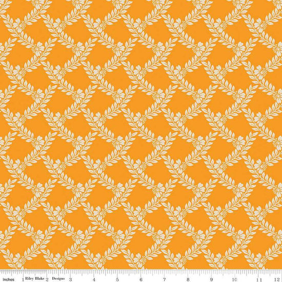 Image of the Cheddar at Twilight Vines Cheddar quilting cotton fabric by Riley Blake Designs. Features a plaid apttern of leaves and stems on a bright orange background. 
Cute Little Fabric Shop