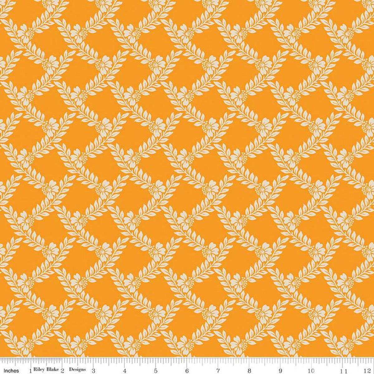 Image of the Cheddar at Twilight Vines Cheddar quilting cotton fabric by Riley Blake Designs. Features a plaid apttern of leaves and stems on a bright orange background. 
Cute Little Fabric Shop