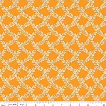 Image of the Cheddar at Twilight Vines Cheddar quilting cotton fabric by Riley Blake Designs. Features a plaid apttern of leaves and stems on a bright orange background. 
Cute Little Fabric Shop