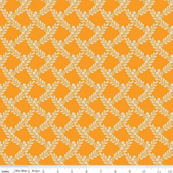 Image of the Cheddar at Twilight Vines Cheddar quilting cotton fabric by Riley Blake Designs. Features a plaid apttern of leaves and stems on a bright orange background. 
Cute Little Fabric Shop