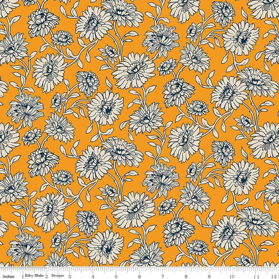 Image of the Cheddar at Twilight Main Cheddar quilting cotton fabric by Riley Blake Designs. Features large flowers and leaves on a bright orange background. 
Cute Little Fabric Shop