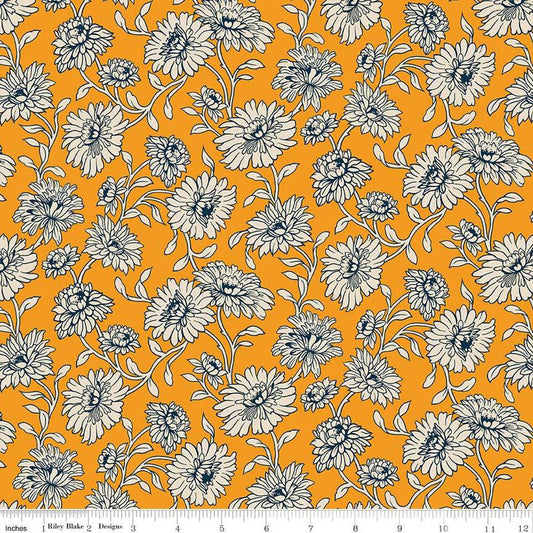Image of the Cheddar at Twilight Main Cheddar quilting cotton fabric by Riley Blake Designs. Features large flowers and leaves on a bright orange background. 
Cute Little Fabric Shop