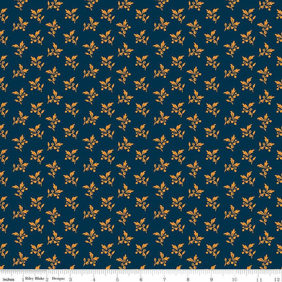 Image of the Cheddar at Twilight Sprigs Navy quilting cotton fabric by Riley Blake Designs. Features small scattered sprigs of leaves and berries on a dark blue background. 
Cute Little Fabric Shop