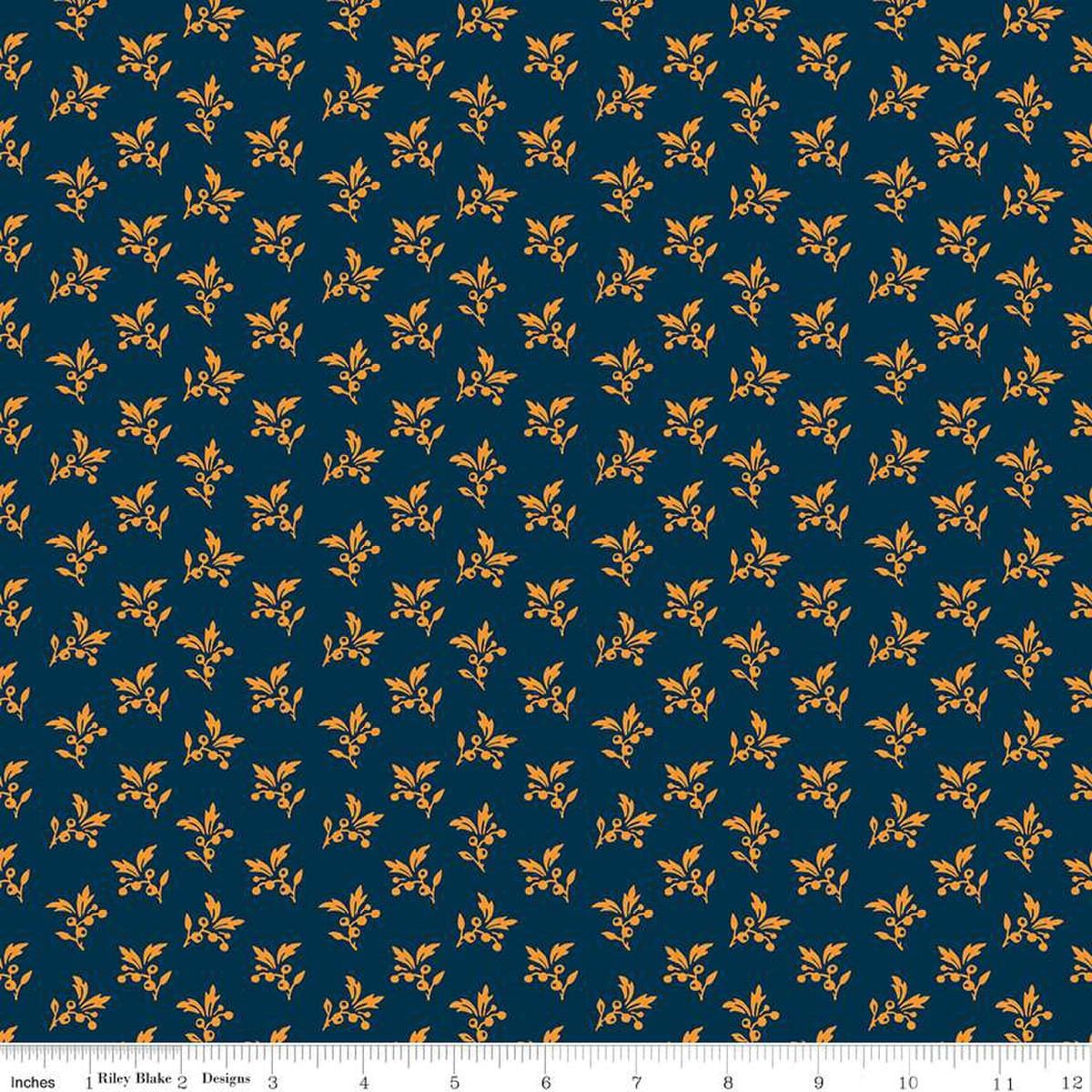 Image of the Cheddar at Twilight Sprigs Navy quilting cotton fabric by Riley Blake Designs. Features small scattered sprigs of leaves and berries on a dark blue background. 
Cute Little Fabric Shop