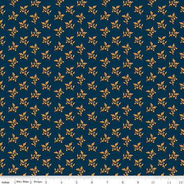 Image of the Cheddar at Twilight Sprigs Navy quilting cotton fabric by Riley Blake Designs. Features small scattered sprigs of leaves and berries on a dark blue background. 
Cute Little Fabric Shop