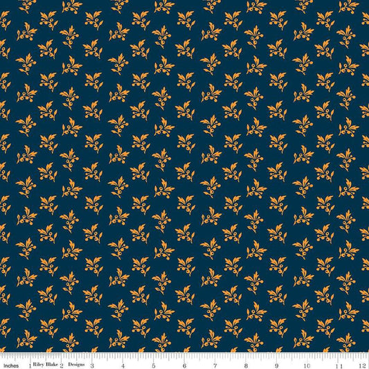 Image of the Cheddar at Twilight Sprigs Navy quilting cotton fabric by Riley Blake Designs. Features small scattered sprigs of leaves and berries on a dark blue background. 
Cute Little Fabric Shop