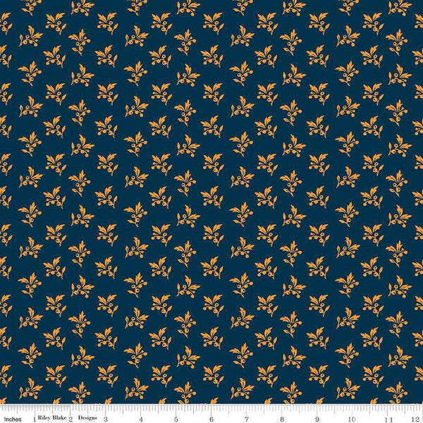 Image of the Cheddar at Twilight Sprigs Navy quilting cotton fabric by Riley Blake Designs. Features small scattered sprigs of leaves and berries on a dark blue background. 
Cute Little Fabric Shop