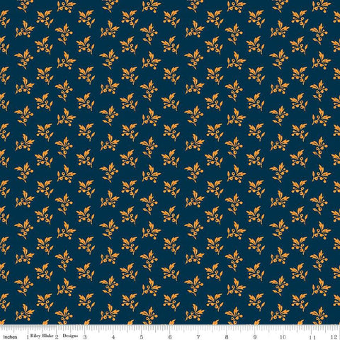 Image of the Cheddar at Twilight Sprigs Navy quilting cotton fabric by Riley Blake Designs. Features small scattered sprigs of leaves and berries on a dark blue background. 
Cute Little Fabric Shop