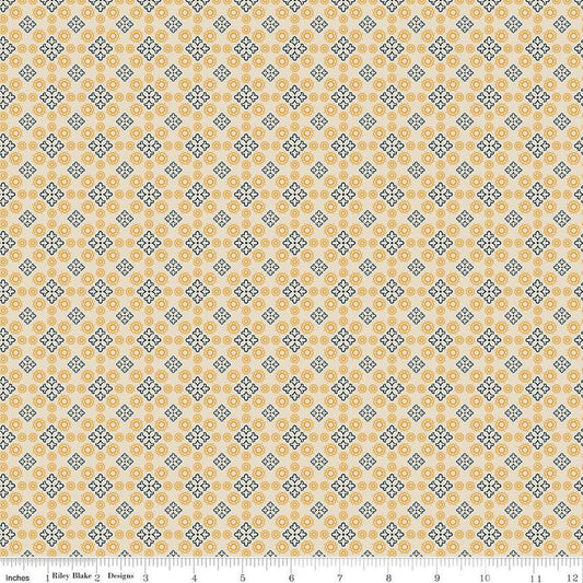 Image of the Cheddar at Twilight Medallion Cream quilting cotton fabric by Riley Blake Designs. Features geometric medallion pattern on a light cream background. 
Cute Little Fabric Shop