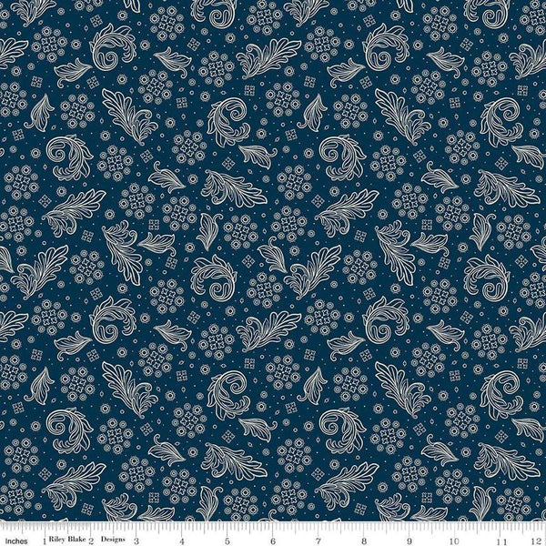 Image of the Cheddar at Twilight Scarf Navy quilting cotton fabric by Riley Blake Designs. Features geometric paisley patterns on a dark blue background. 
Cute Little Fabric Shop