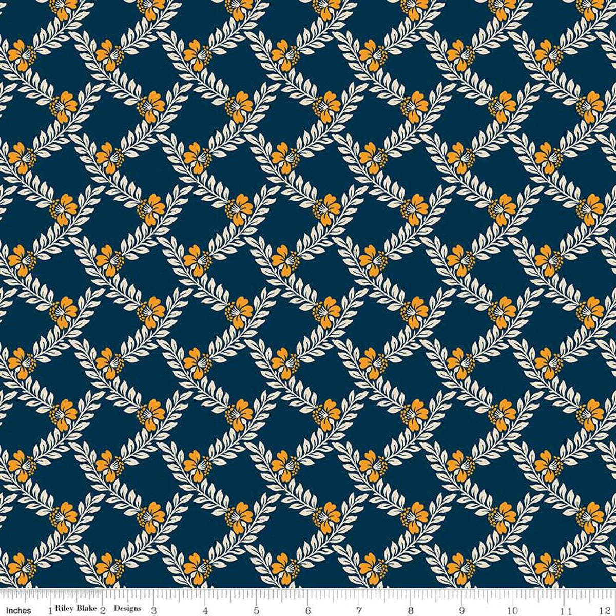 Image of the Cheddar at Twilight Vines Navy quilting cotton fabric by Riley Blake Designs. Features a plaid pattern of leaves and stems on a dark blue background. 
Cute Little Fabric Shop