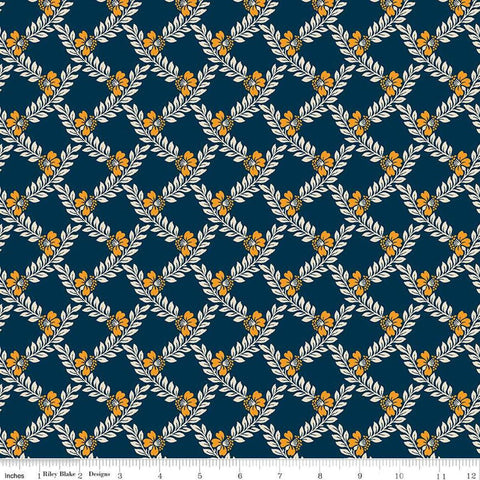 Image of the Cheddar at Twilight Vines Navy quilting cotton fabric by Riley Blake Designs. Features a plaid pattern of leaves and stems on a dark blue background. 
Cute Little Fabric Shop